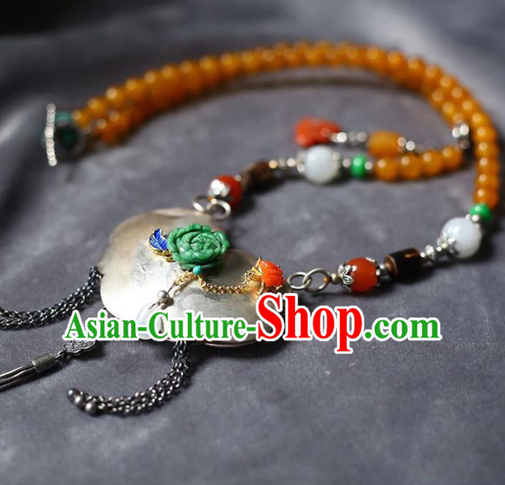 Chinese Handmade Silver Accessories National Ceregat Beads Necklace Classical Longevity Lock Pendant
