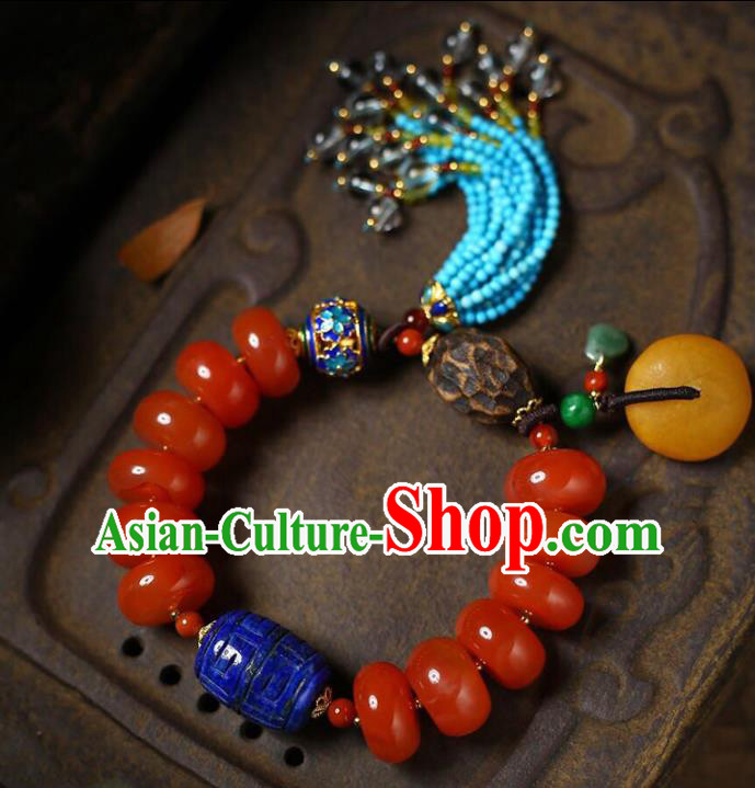 China Handmade Red Bracelet Traditional Lapis Jewelry Accessories National Blue Beads Tassel Bangle