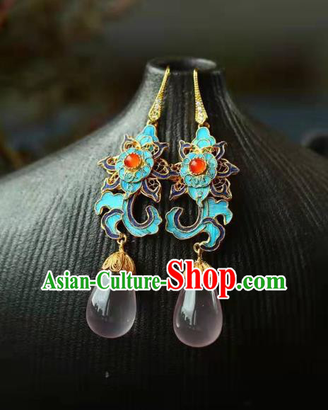Handmade China Cloisonne Lotus Eardrop Jewelry Traditional Cheongsam Accessories National Rose Quartz Earrings