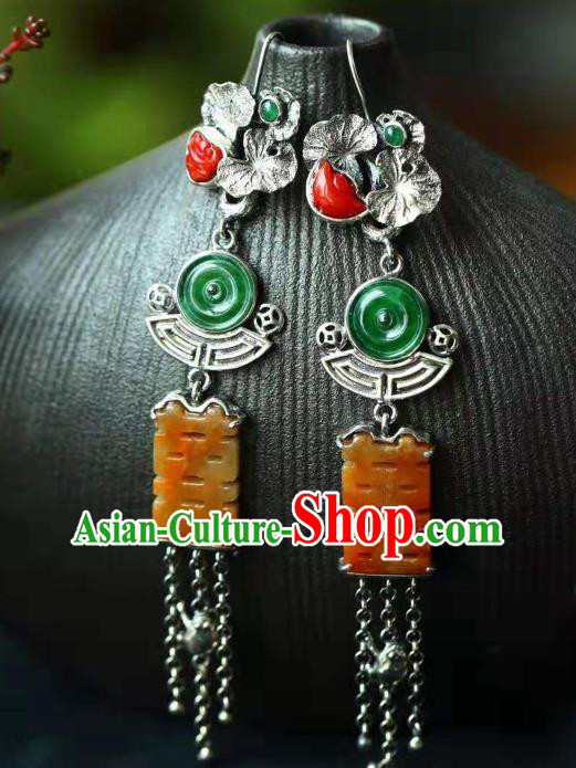 Handmade China Silver Lotus Tassel Eardrop Jewelry Traditional Cheongsam Jade Accessories National Wedding Earrings
