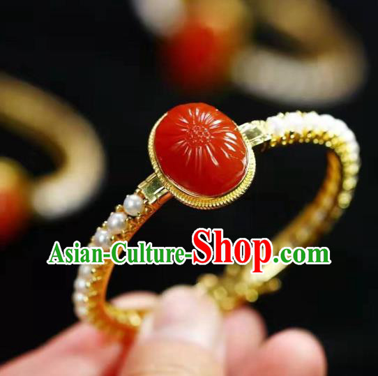 China Traditional Jewelry Accessories Handmade Agate Bracelet National Pearls Golden Bangle
