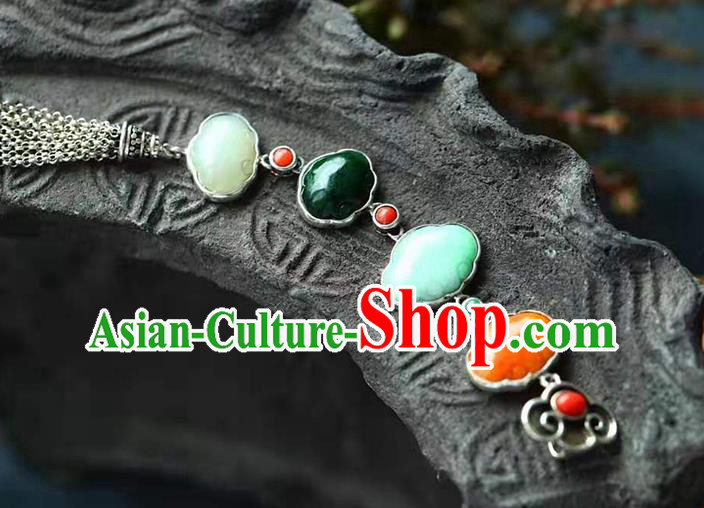 Chinese Handmade Qing Dynasty Silver Tassel Brooch Accessories Traditional Jade Breastpin Pendant Jewelry