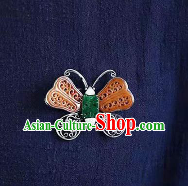 Chinese Handmade Yellow Jade Butterfly Brooch Accessories Traditional Silver Jewelry Breastpin Pendant