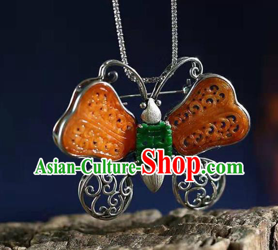 Chinese Handmade Yellow Jade Butterfly Brooch Accessories Traditional Silver Jewelry Breastpin Pendant