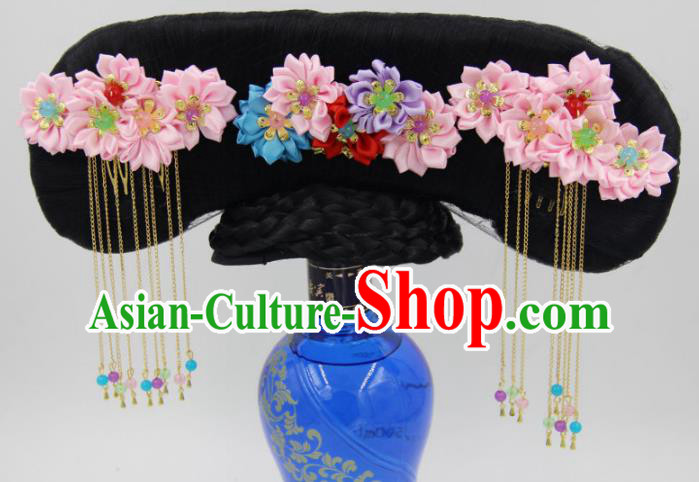 Chinese Qing Dynasty Palace Lady Hair Chignon and Pink Silk Flowers Hairpins Ancient Princess Wigs Great Wing