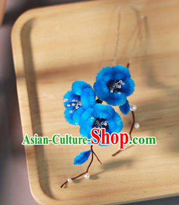 Chinese Qing Dynasty Princess Blue Velvet Plum Hairpin Ancient Court Hair Accessories