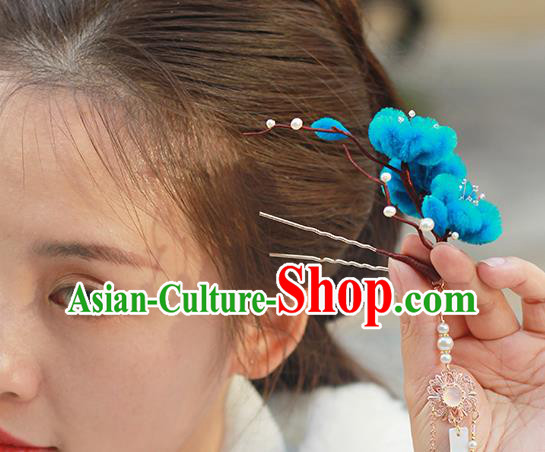 Chinese Qing Dynasty Princess Blue Velvet Plum Hairpin Ancient Court Hair Accessories