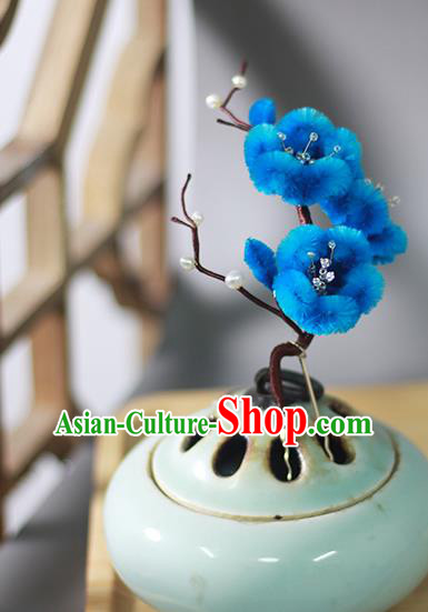 Chinese Qing Dynasty Princess Blue Velvet Plum Hairpin Ancient Court Hair Accessories