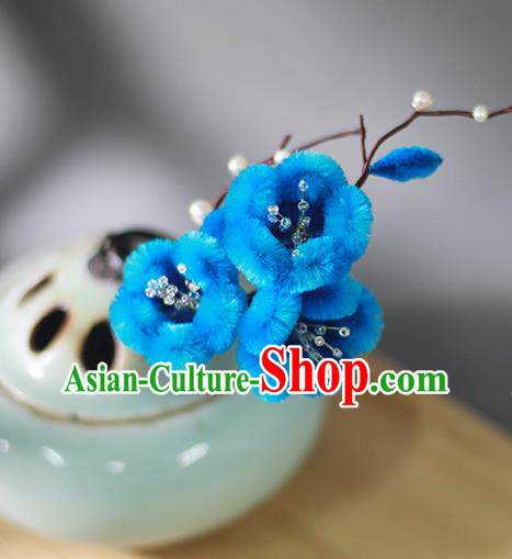 Chinese Qing Dynasty Princess Blue Velvet Plum Hairpin Ancient Court Hair Accessories