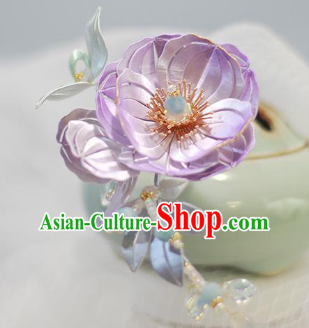 Chinese Traditional Hanfu Hair Accessories Ancient Princess Hair Stick Purple Silk Camellia Hairpin