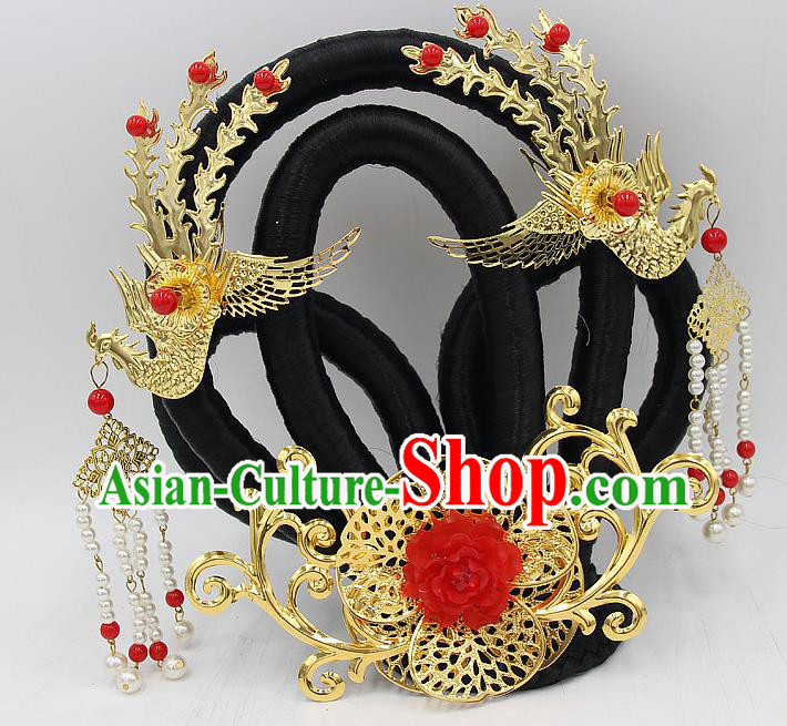 Chinese Ancient Court Lady Wigs Sheath Headwear Tang Dynasty Court Woman Hair Chignon and Golden Phoenix Hairpins