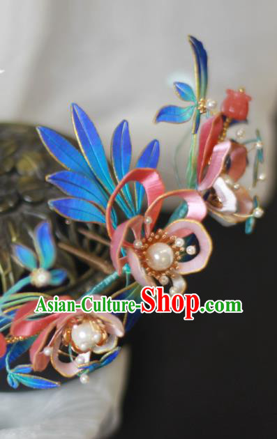 Chinese Traditional Song Dynasty Silk Peony Hair Crown Ancient Court Woman Hairpin