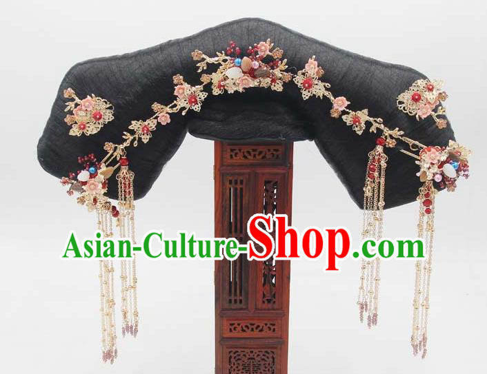 Chinese Qing Dynasty Imperial Consort Hair Chignon and Hairpins Ancient Court Woman Wigs Great Wing Headwear