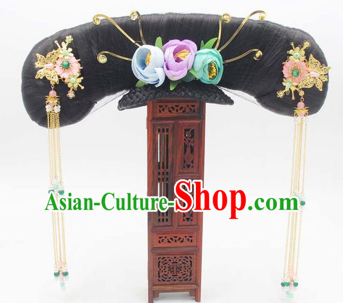 Chinese Qing Dynasty Palace Lady Hair Chignon and Hairpins Ancient Manchu Princess Wigs Great Wing Headwear