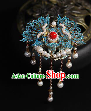 Chinese Traditional Ancient Empress Hair Accessories Ming Dynasty Queen Blueing Phoenix Tassel Hairpin