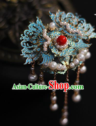 Chinese Traditional Ancient Empress Hair Accessories Ming Dynasty Queen Blueing Phoenix Tassel Hairpin