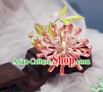 Chinese Traditional Qing Dynasty Pink Silk Chrysanthemum Hairpin Ancient Court Lady Hair Comb