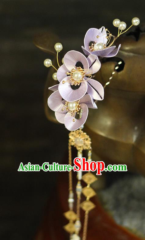 Chinese Ancient Princess Purple Silk Flowers Hairpin Hair Accessories Traditional Tassel Hair Stick