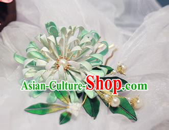 Chinese Traditional Ancient Court Lady Hair Comb Qing Dynasty Green Silk Chrysanthemum Hairpin