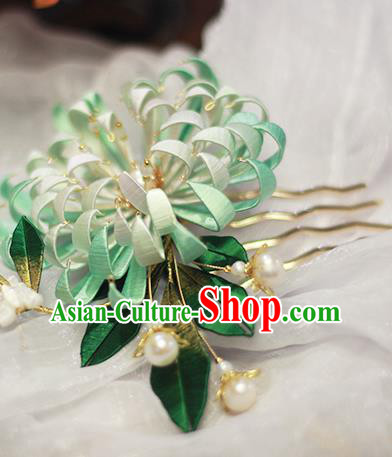 Chinese Traditional Ancient Court Lady Hair Comb Qing Dynasty Green Silk Chrysanthemum Hairpin