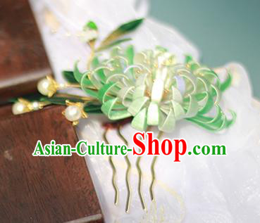 Chinese Traditional Ancient Court Lady Hair Comb Qing Dynasty Green Silk Chrysanthemum Hairpin