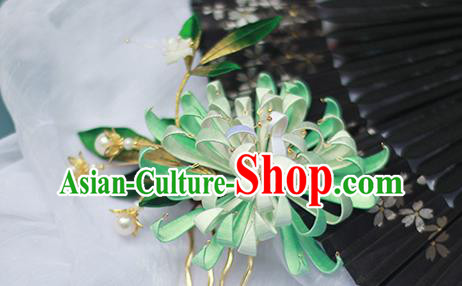 Chinese Traditional Ancient Court Lady Hair Comb Qing Dynasty Green Silk Chrysanthemum Hairpin