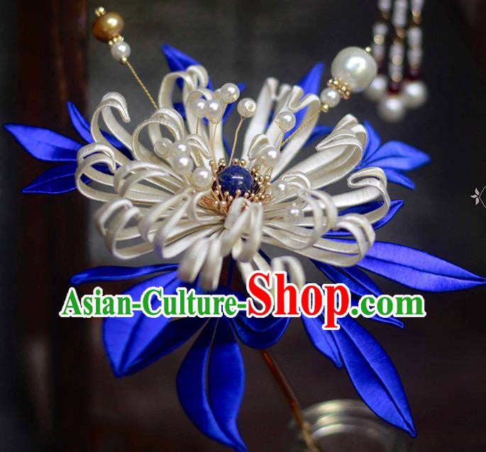 Chinese Traditional White Silk Chrysanthemum Hair Stick Hanfu Hair Accessories Handmade Classical Pearls Hairpin