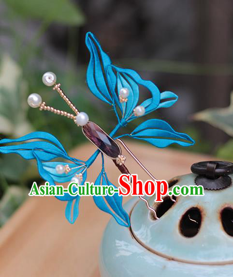 Chinese Handmade Classical Hairpin Traditional Blue Silk Butterfly Hair Stick Hair Accessories