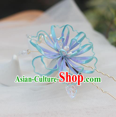 Chinese Traditional Blue Silk Pear Blossom Hairpin Handmade Hair Accessories Classical Hair Stick