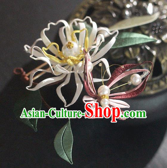 Chinese Traditional Silk Butterfly Flower Hairpin Handmade Hair Accessories Classical Pearls Hair Stick
