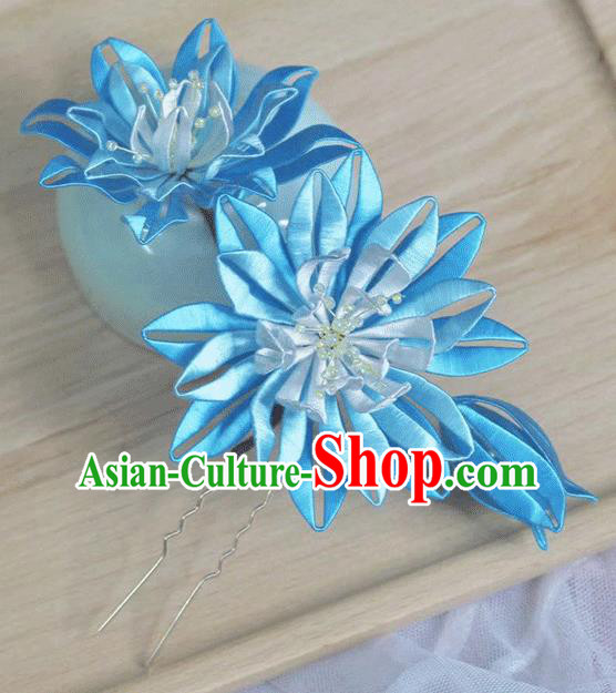 Chinese Classical Blue Silk Epiphyllum Hair Stick Traditional Hanfu Hairpin Handmade Hair Accessories