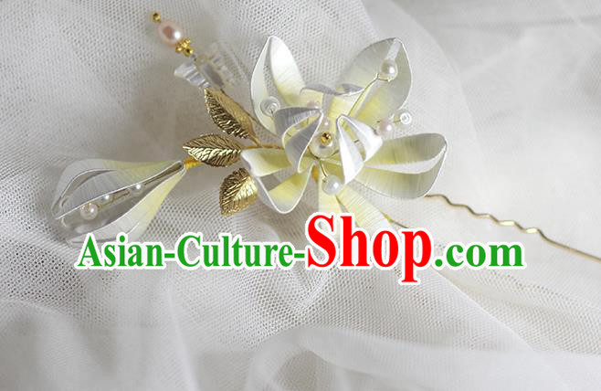 Chinese Handmade Beige Silk Flower Hair Stick Traditional Hanfu Hairpin Classical Hair Accessories