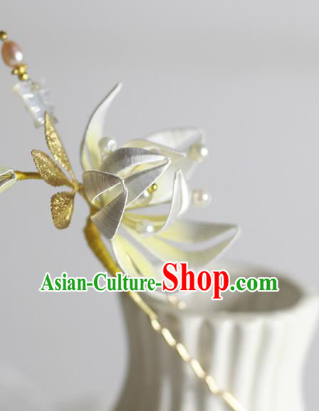 Chinese Handmade Beige Silk Flower Hair Stick Traditional Hanfu Hairpin Classical Hair Accessories