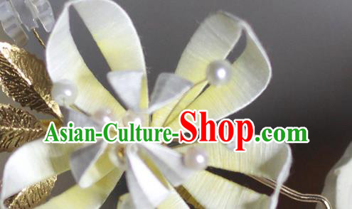 Chinese Handmade Beige Silk Flower Hair Stick Traditional Hanfu Hairpin Classical Hair Accessories