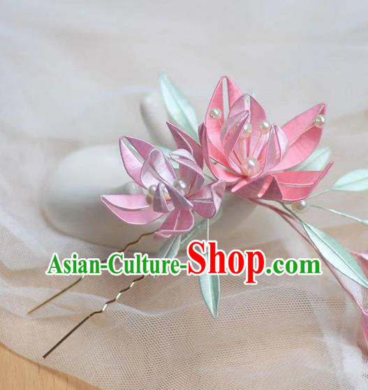 Chinese Traditional Song Dynasty Flowers Hairpin Classical Hair Accessories Handmade Pink Silk Hair Stick
