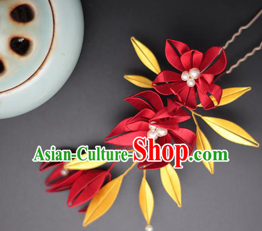 Chinese Traditional Song Dynasty Palace Lady Hairpin Handmade Ancient Princess Red Silk Hair Stick