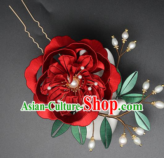 Chinese Traditional Red Silk Peony Hair Stick Hanfu Hair Accessories Handmade Classical Pearls Hairpin