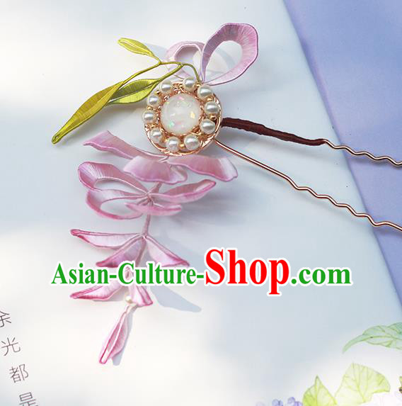 Chinese Traditional Pearls Hair Stick Hanfu Hair Accessories Handmade Classical Pink Silk Wisteria Hairpin