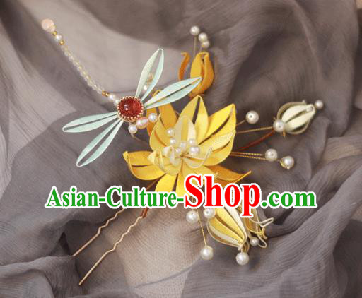 Chinese Ancient Princess Hairpin Handmade Yellow Silk Lotus Dragonfly Hair Stick