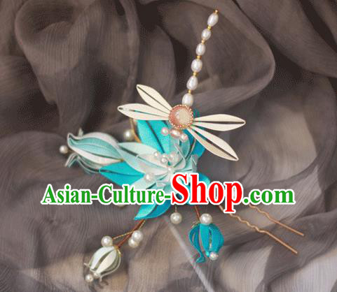 Chinese Handmade Blue Silk Lotus Dragonfly Hair Stick Ancient Royal Princess Hairpin Headwear