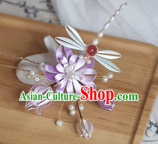Chinese Handmade Lilac Silk Lotus Dragonfly Hair Stick Ancient Palace Lady Pearls Hairpin