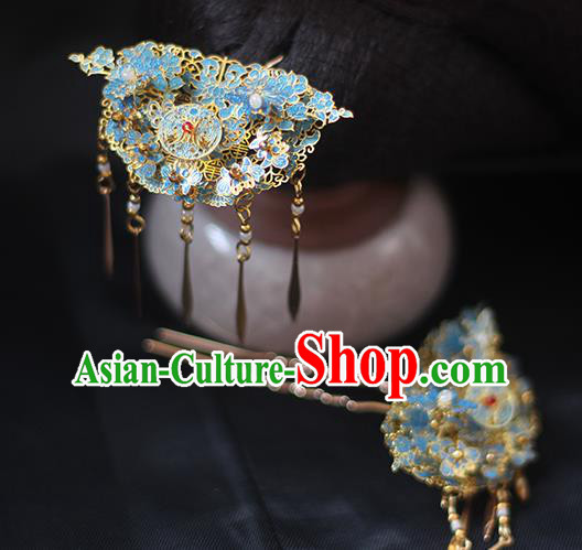 Chinese Handmade Enamel Hairpin Ancient Qing Dynasty Palace Lady Tassel Hair Stick