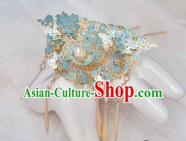 Chinese Handmade Enamel Hairpin Ancient Qing Dynasty Palace Lady Tassel Hair Stick