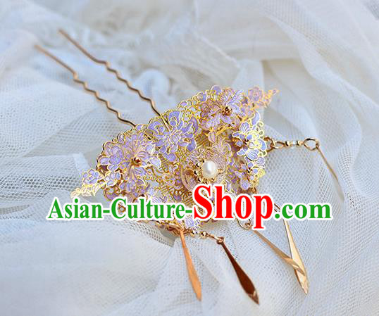 Chinese Ancient Qing Dynasty Palace Lady Tassel Hair Stick Handmade Enamel Purple Hairpin