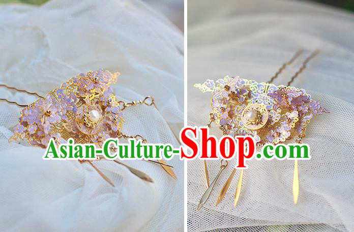 Chinese Ancient Qing Dynasty Palace Lady Tassel Hair Stick Handmade Enamel Purple Hairpin