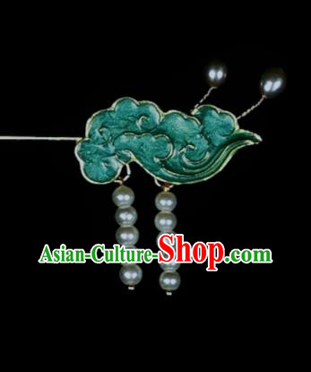 Chinese Traditional Cloisonne Cloud Hairpin Ancient Qing Dynasty Princess Pearls Tassel Green Hair Stick
