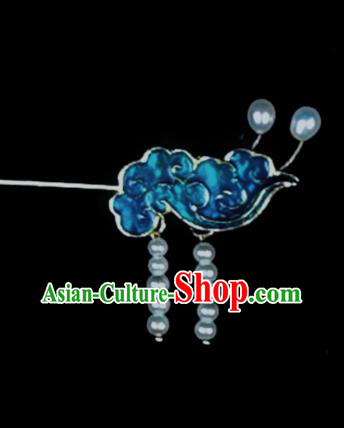 Chinese Ancient Qing Dynasty Princess Pearls Tassel Blue Hair Stick Traditional Cloisonne Cloud Hairpin