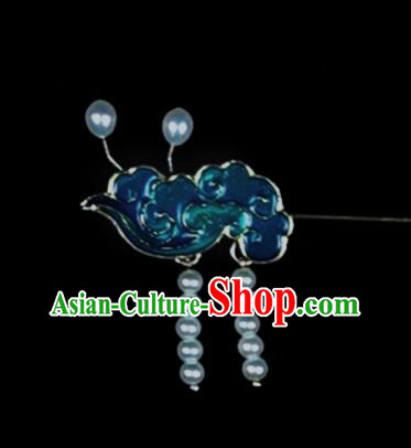Chinese Ancient Qing Dynasty Princess Pearls Tassel Blue Hair Stick Traditional Cloisonne Cloud Hairpin