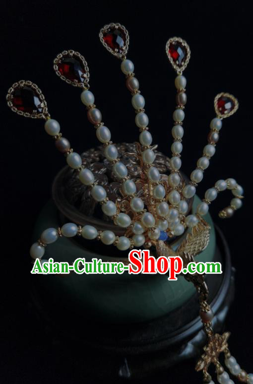 Chinese Ancient Ming Dynasty Empress Pearls Phoenix Hair Crown Traditional Red Crystal Tassel Hairpin