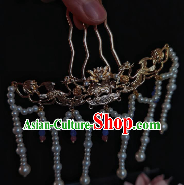 Chinese Traditional Golden Lotus Hairpin Ancient Ming Dynasty Empress Pearls Tassel Hair Comb